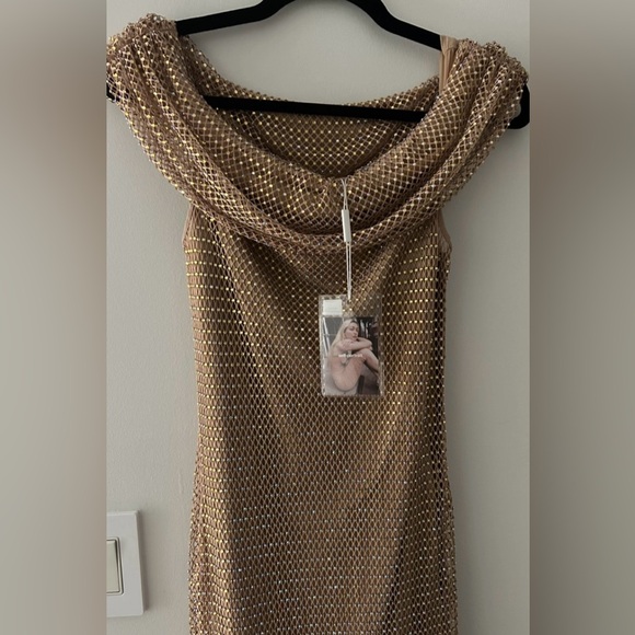 Self Portrait Tan Rhinestone off the shoulder dress - Picture 3 of 12